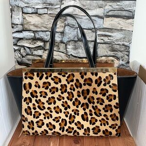 Alberta Di Canio Italy Leopard Calf Hair & Black Leather Metal Bar Tote Bag